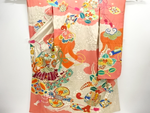 大正ロマン　錦紗宝尽くし模様刺繍五つ紋花嫁衣装振袖・長襦袢・丸帯セット